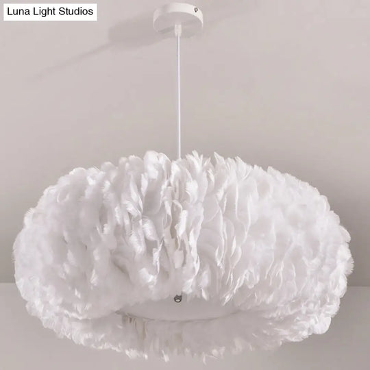 White Donut Pendant Feather Bedroom Ceiling Chandelier - Simple Stylish Lamp / 15.5