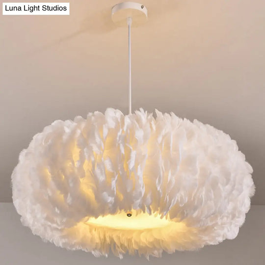 White Donut Pendant Feather Bedroom Ceiling Chandelier - Simple Stylish Lamp