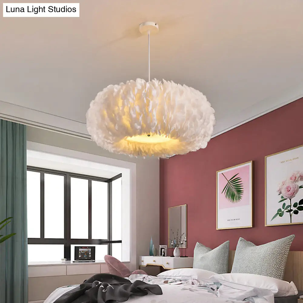 White Donut Pendant Feather Bedroom Ceiling Chandelier - Simple Stylish Lamp