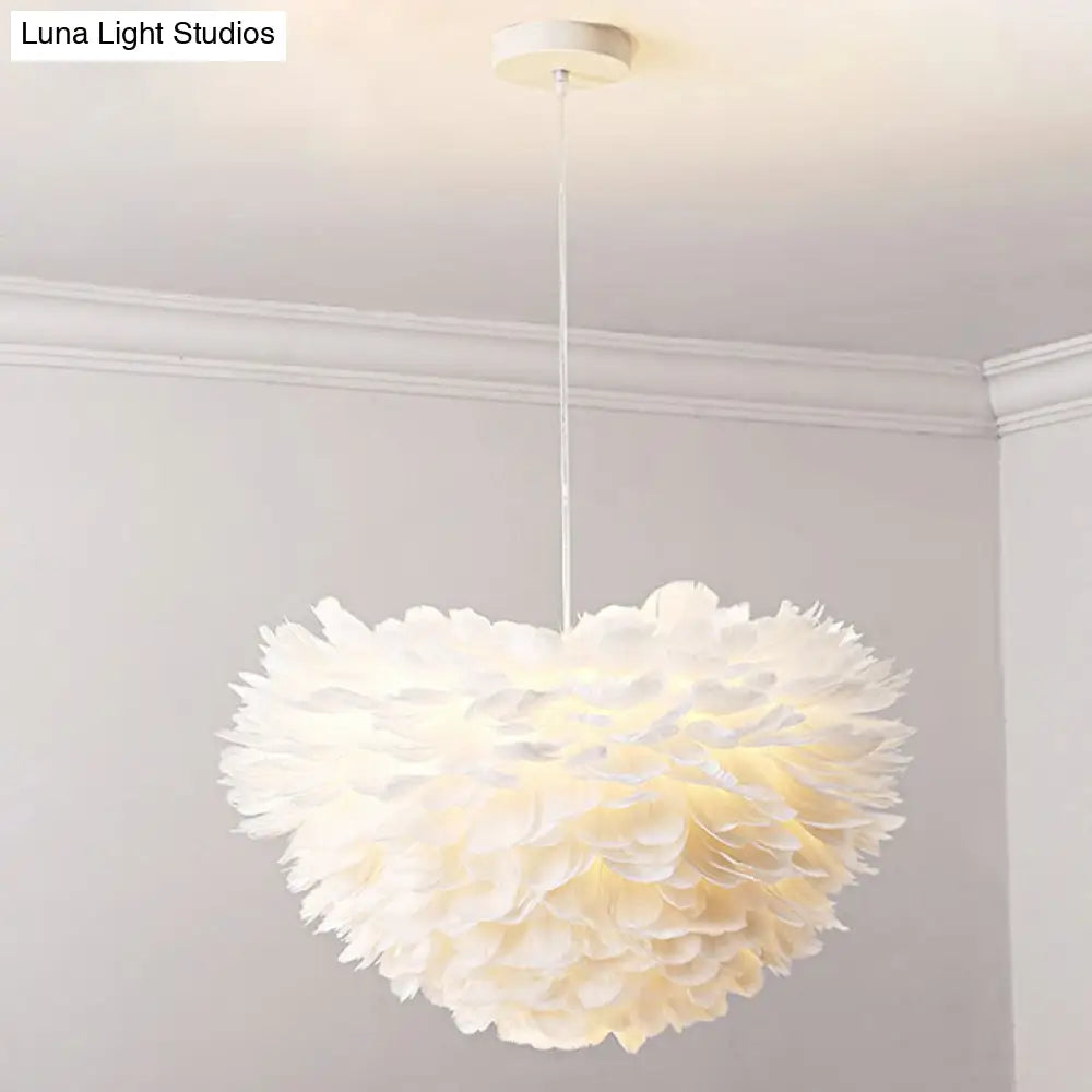 White Feather Hanging Lamp: Round Ceiling Light For Girls’ Bedroom - Simplicity & Style