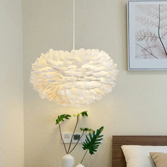 White Feather Hanging Lamp: Round Ceiling Light For Girls’ Bedroom - Simplicity & Style / A