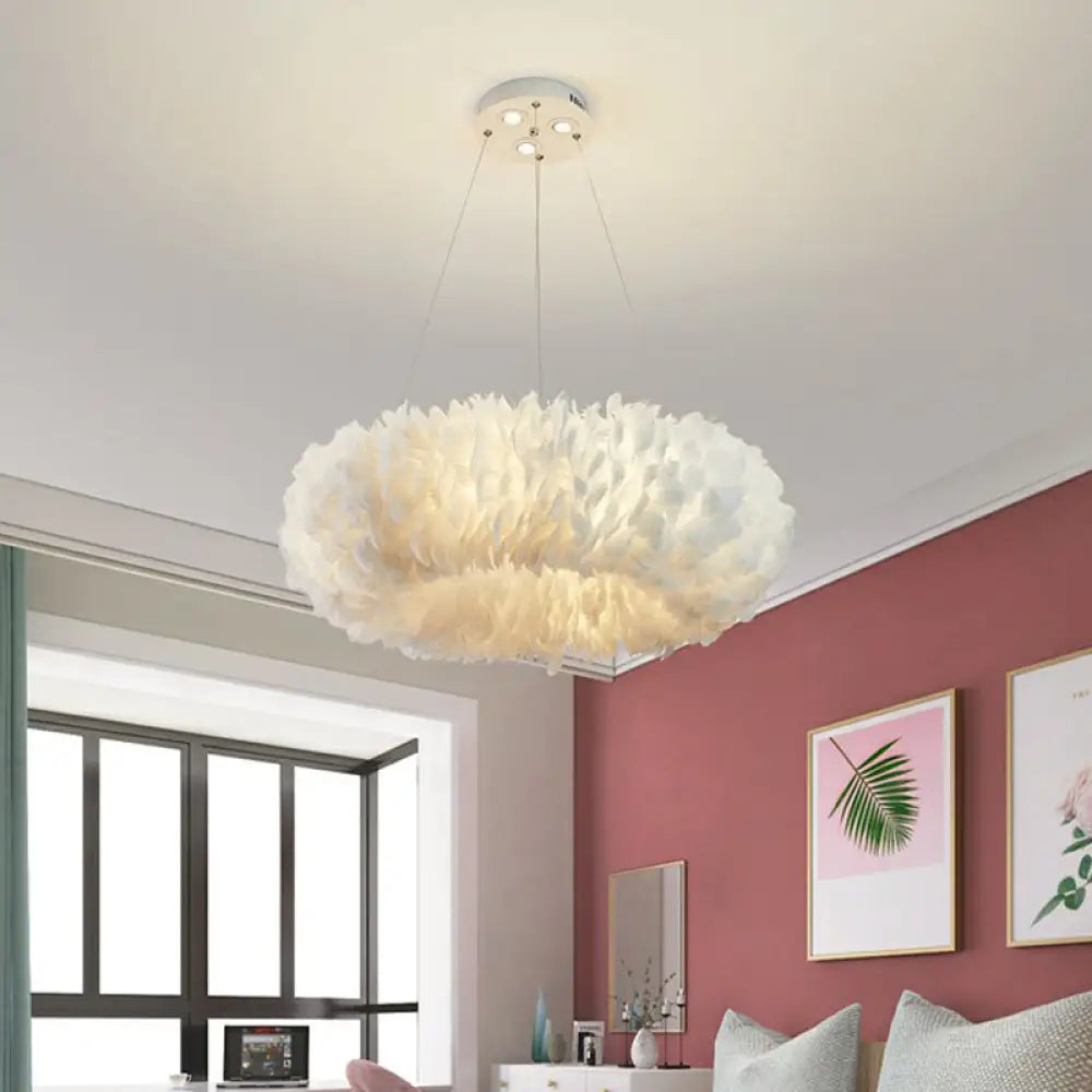 White Feather Hanging Lamp: Round Ceiling Light For Girls’ Bedroom - Simplicity & Style / C