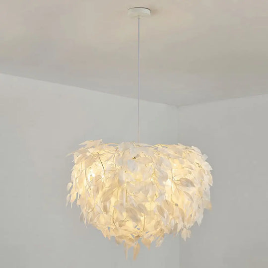 White Feather Hanging Lamp: Round Ceiling Light For Girls’ Bedroom - Simplicity & Style / F