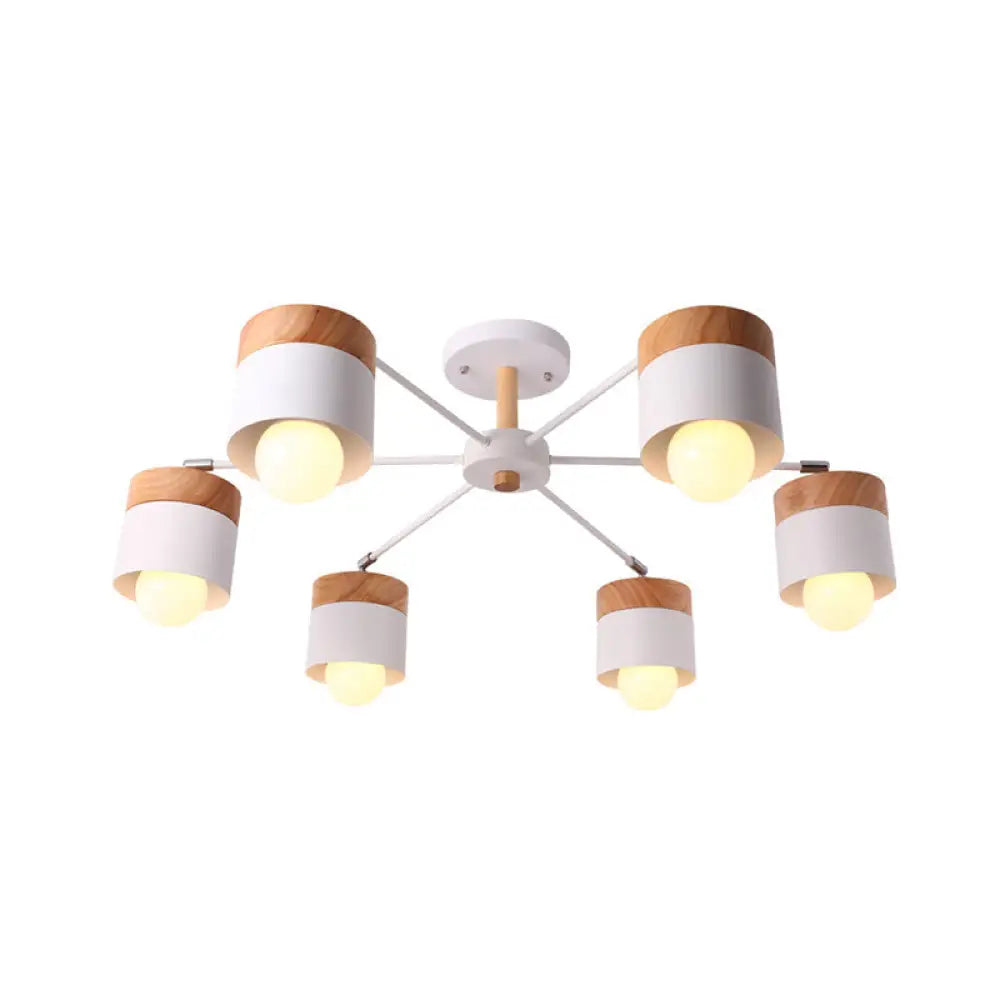 White Finish 6 - Bulb Ceiling Mount Chandelier - Nordic Wood And Metal Semi Flush Pendant Light