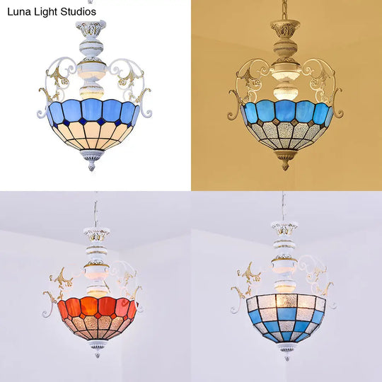 Tiffany-Style Stained Glass Pendant Lamp With White Finish Bowl And Multiple Color Options