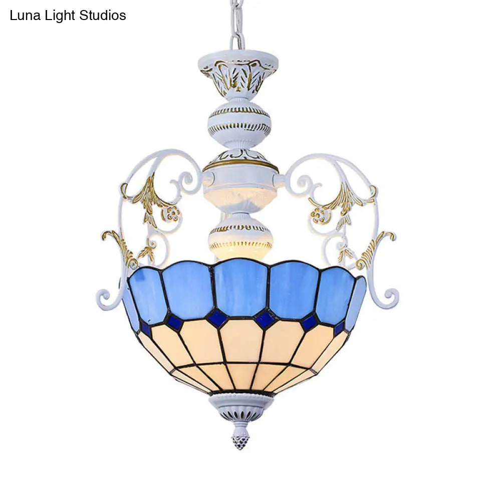 Tiffany-Style Stained Glass Pendant Lamp With White Finish Bowl And Multiple Color Options / Blue