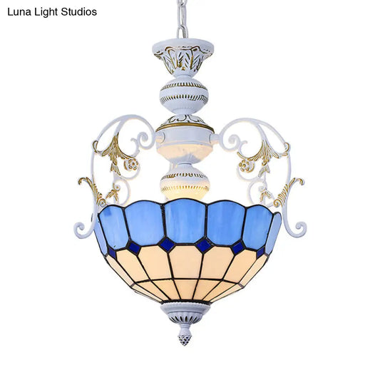 Tiffany-Style Stained Glass Pendant Lamp With White Finish Bowl And Multiple Color Options / Blue