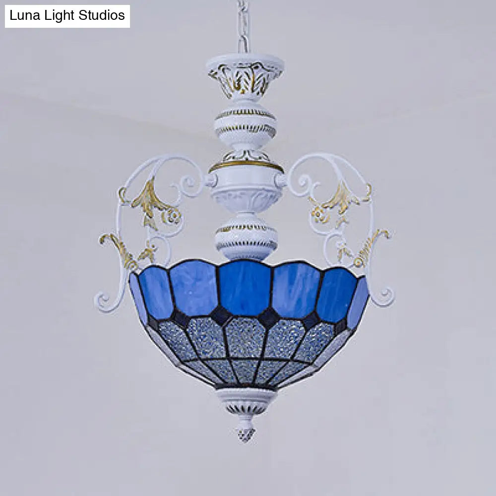 White Finish Tiffany Style Pendant Lamp With Stained Glass Diamond & Blue/Red Square Accents - 2