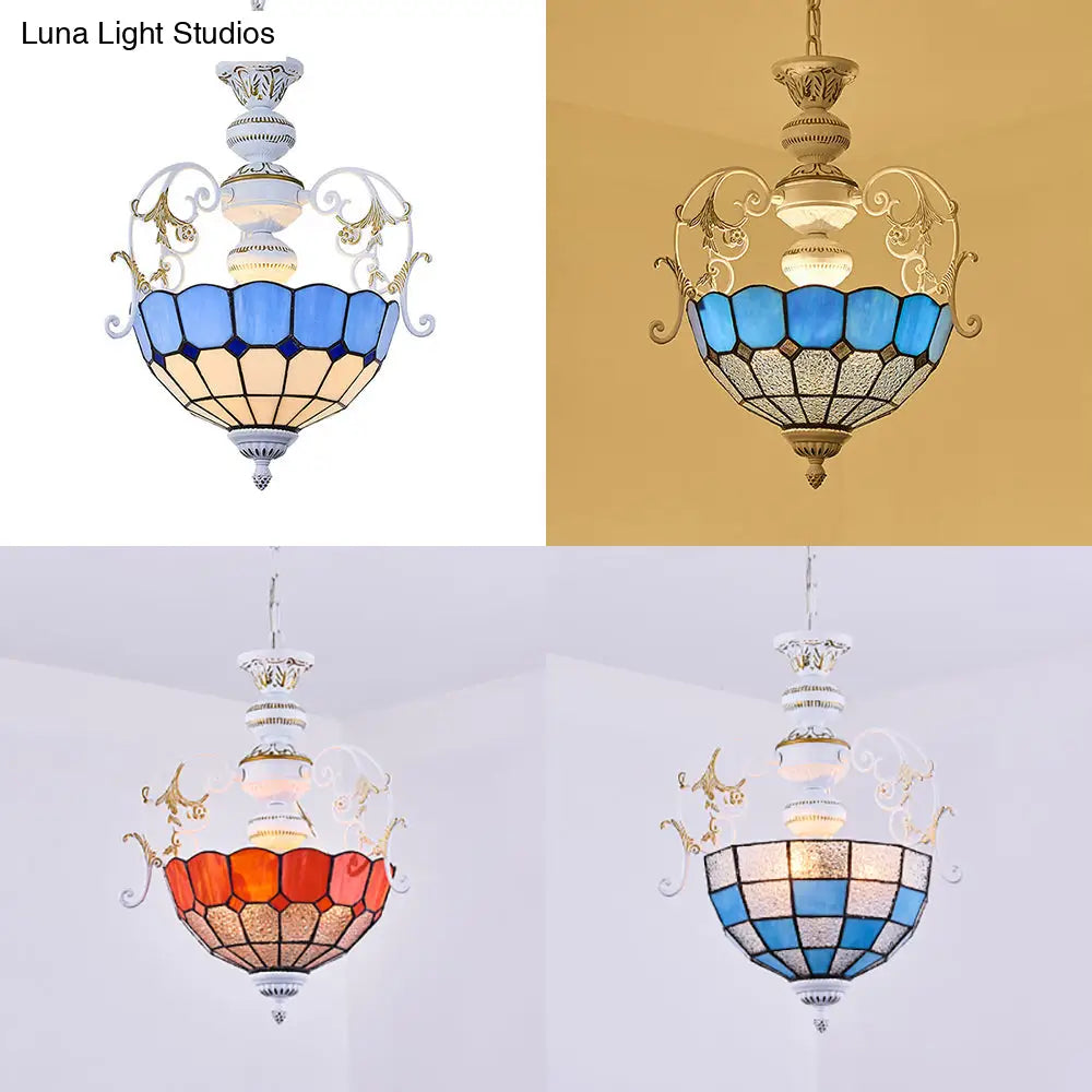 White Finish Tiffany Style Pendant Lamp With Stained Glass Diamond & Blue/Red Square Accents - 2