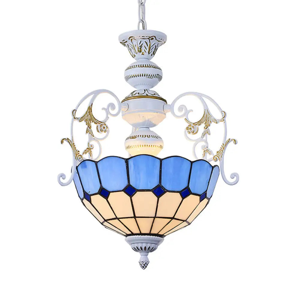 White Finish Tiffany Style Pendant Lamp With Stained Glass Diamond & Blue/Red Square Accents - 2