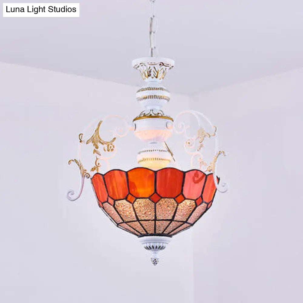 Tiffany-Style Stained Glass Pendant Lamp With White Finish Bowl And Multiple Color Options / Red