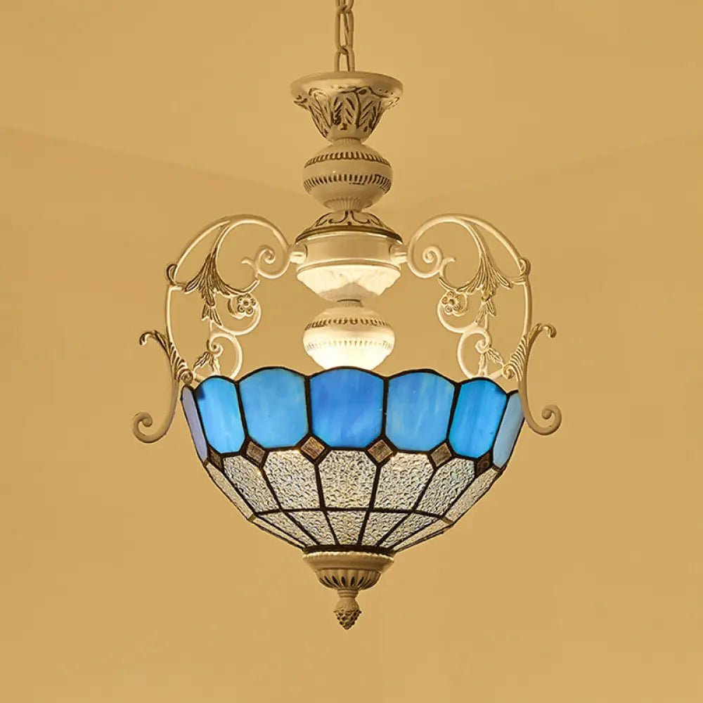 White Finish Tiffany Style Pendant Lamp With Stained Glass Diamond & Blue/Red Square Accents - 2