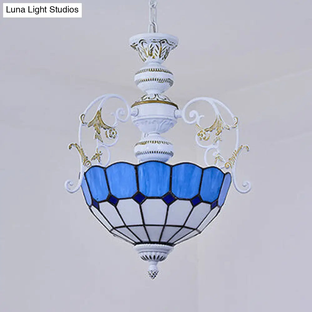 Tiffany-Style Stained Glass Pendant Lamp With White Finish Bowl And Multiple Color Options