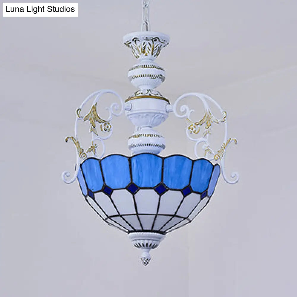 White Finish Tiffany Style Pendant Lamp With Stained Glass Diamond & Blue/Red Square Accents - 2