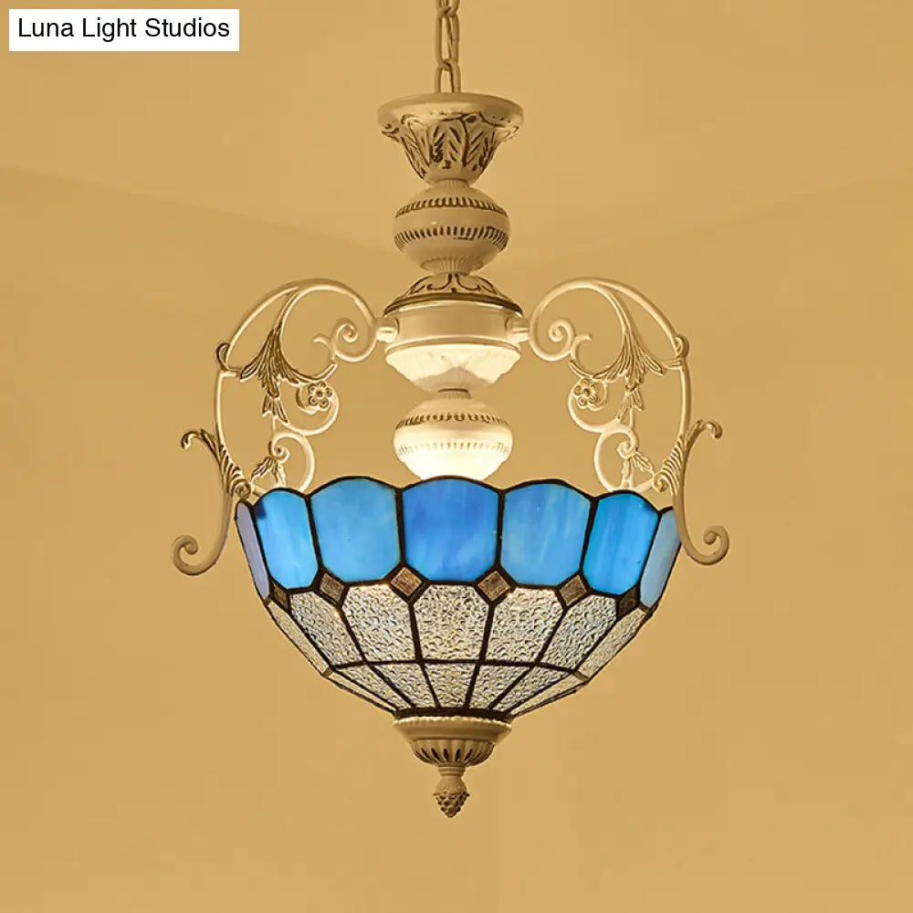 Tiffany-Style Stained Glass Pendant Lamp With White Finish Bowl And Multiple Color Options / Blue