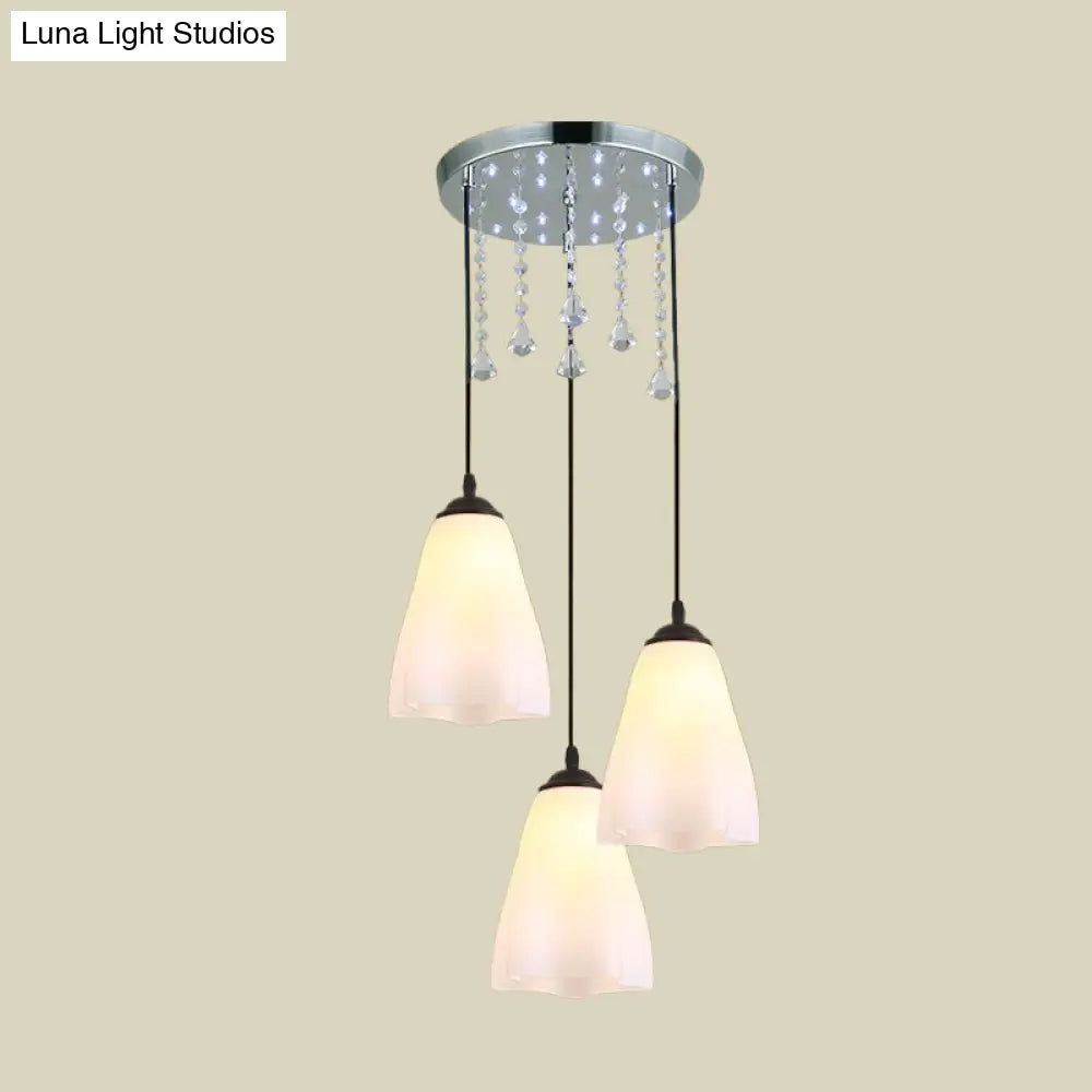 White Floral Glass Multi-Light Pendant With Crystal Accent And Black Minimalist Design