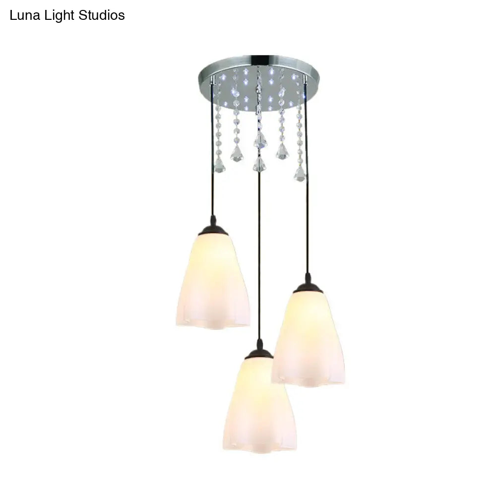 Minimalist 3-Light Black Multi Light Pendant With Floral White Glass And Crystal Accent