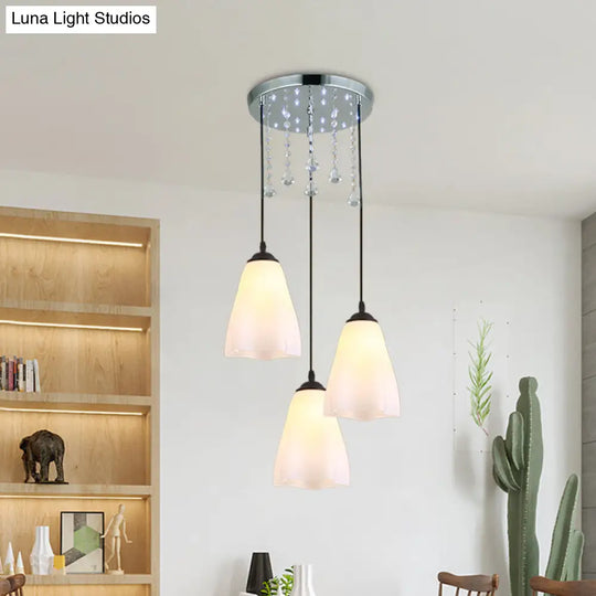 Minimalist 3-Light Black Multi Light Pendant With Floral White Glass And Crystal Accent