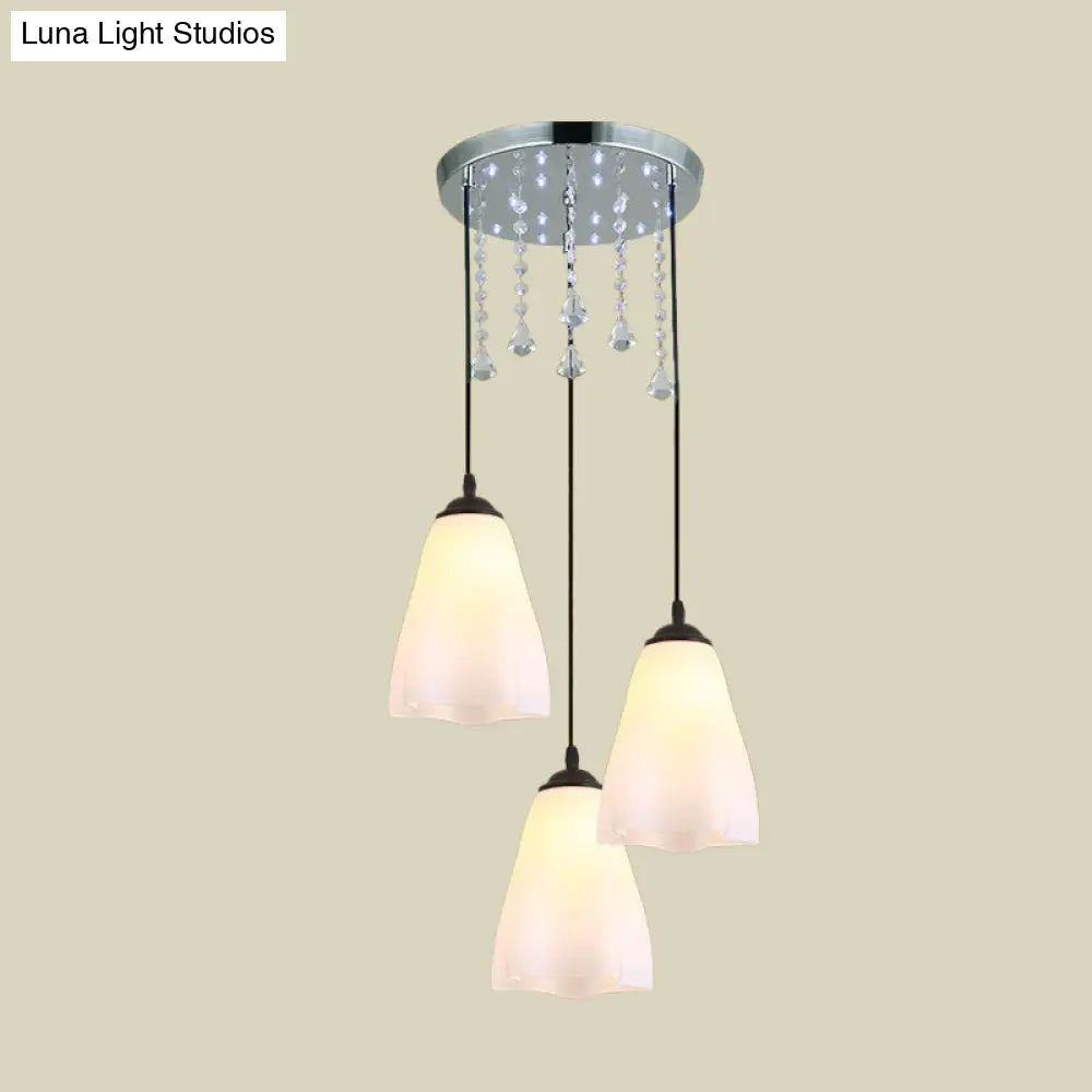 Minimalist 3-Light Black Multi Light Pendant With Floral White Glass And Crystal Accent