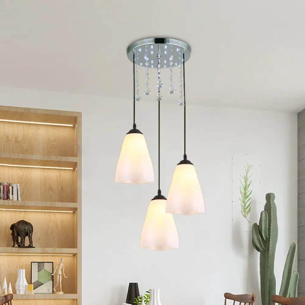 White Floral Glass Multi-Light Pendant With Crystal Accent And Black Minimalist Design