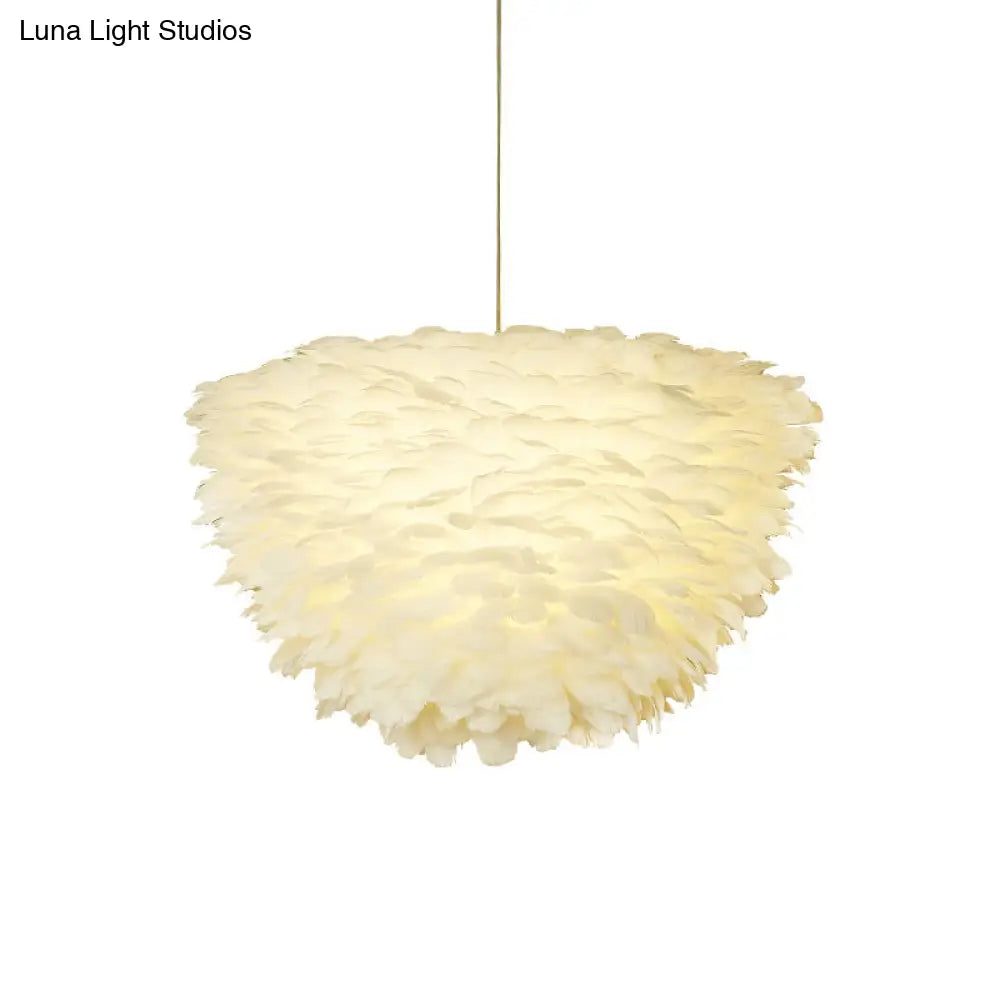 White Floral Pendant Chandelier With Feather Accent - Simple Dining Room Lighting