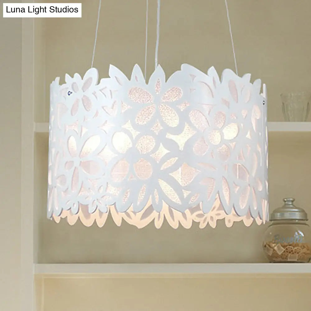 White Floral Pendant Light For Dining Room With Drum Shade And Wrought Iron Frame