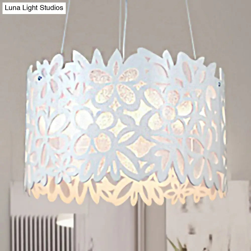 White Floral Pendant Light For Dining Room With Drum Shade And Wrought Iron Frame