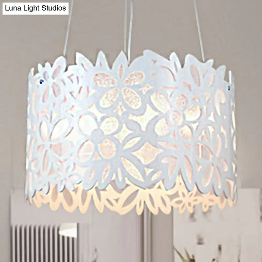 White Floral Pendant Light For Dining Room With Drum Shade And Wrought Iron Frame