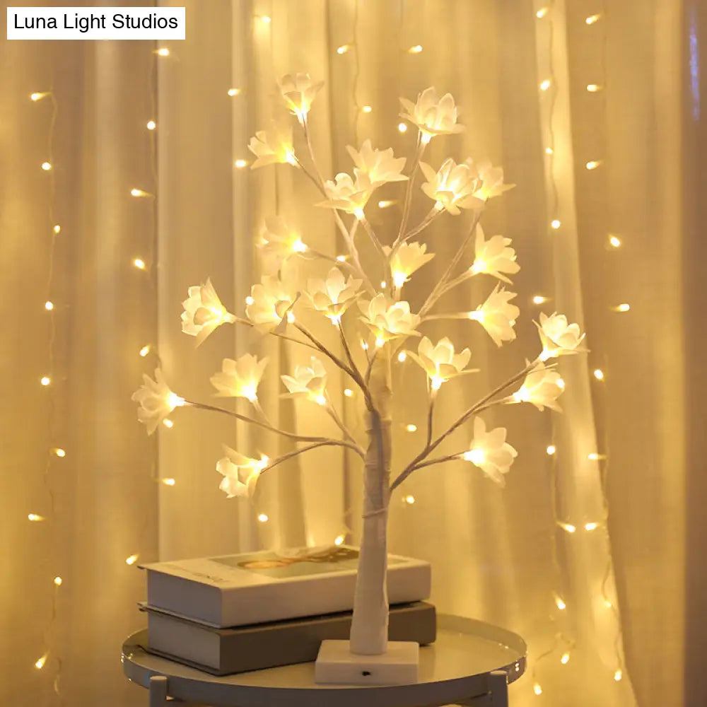 White Floral Tree Led Table Lamp: Modern Metallic Decor For Living Room