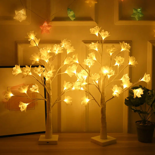 White Floral Tree Led Table Lamp: Modern Metallic Decor For Living Room / Battery