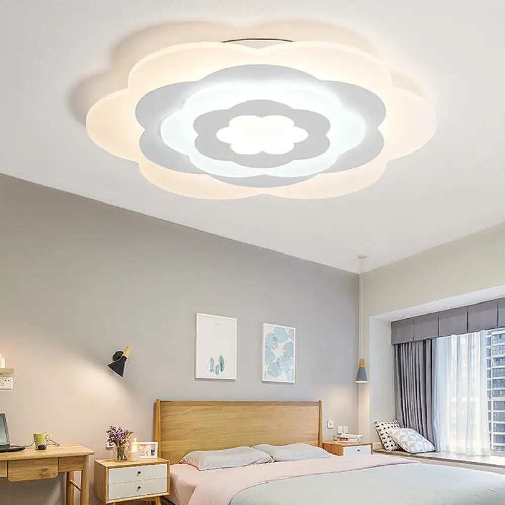 White Flower Acrylic Led Ceiling Lamp For Girls Bedroom - Contemporary Mount Light