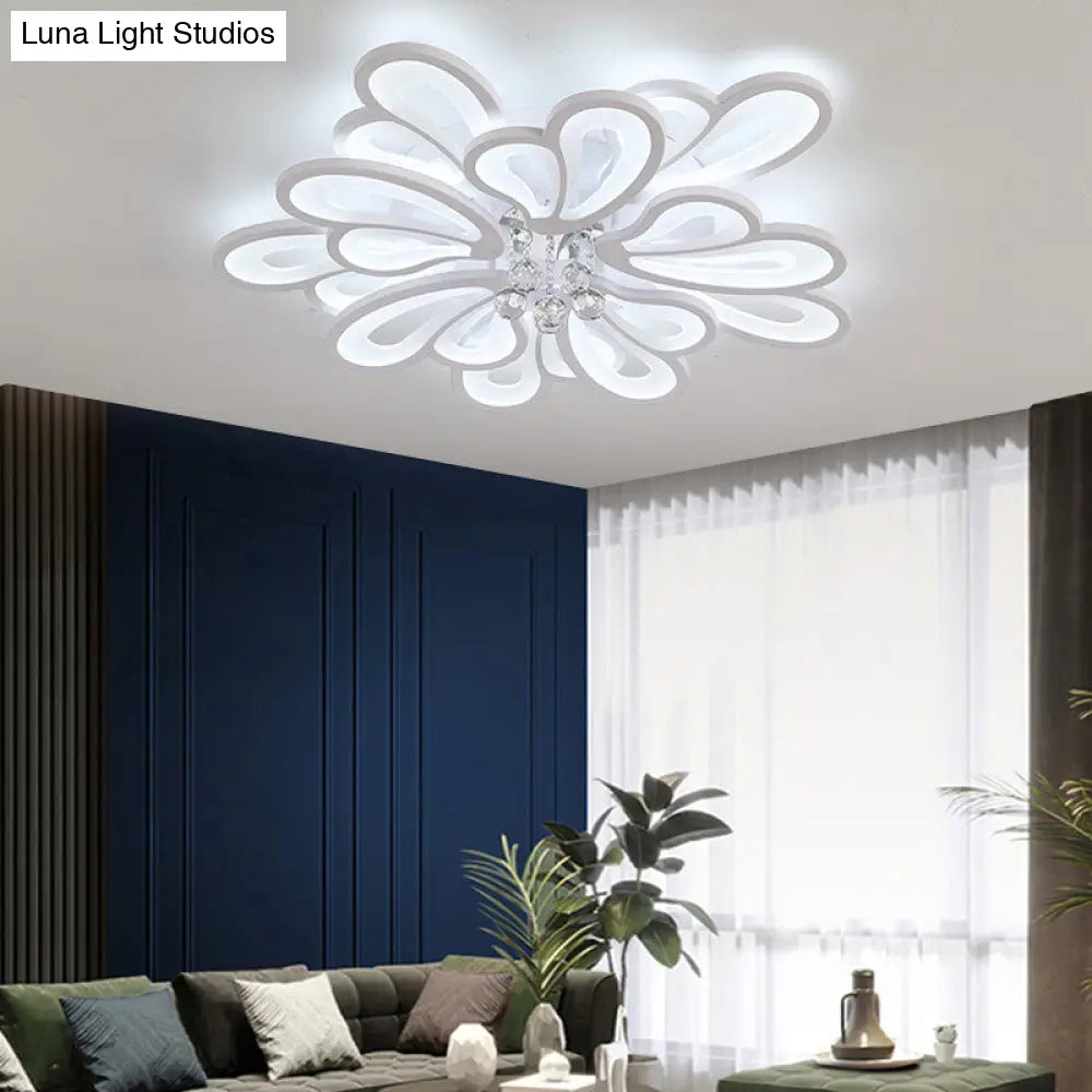 White Flower Flush Ceiling Light - Led Acrylic Lamp With Crystal Ball