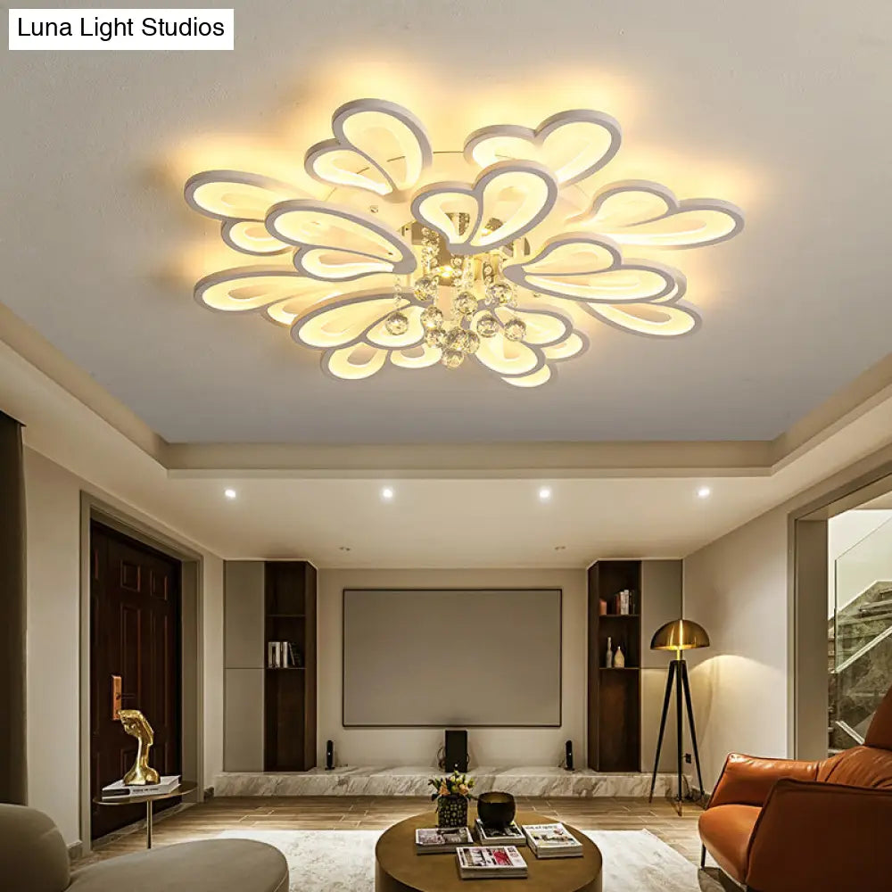 White Flower Flush Ceiling Light - Led Acrylic Lamp With Crystal Ball