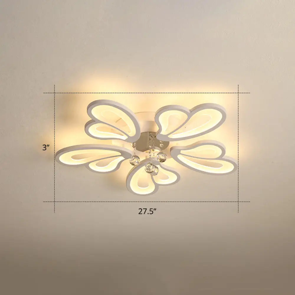 White Flower Flush Ceiling Light - Led Acrylic Lamp With Crystal Ball 5 /
