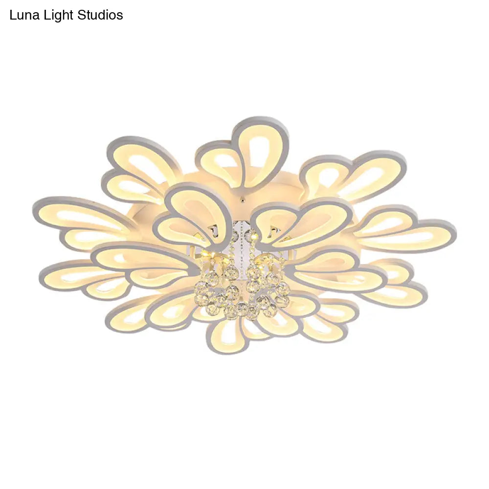 White Flower Flush Ceiling Light - Led Acrylic Lamp With Crystal Ball