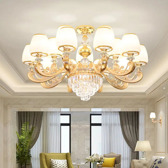 White Frosted Glass Chandelier With Crystal Accent - Classic Pendant Light For Bedroom 12 /