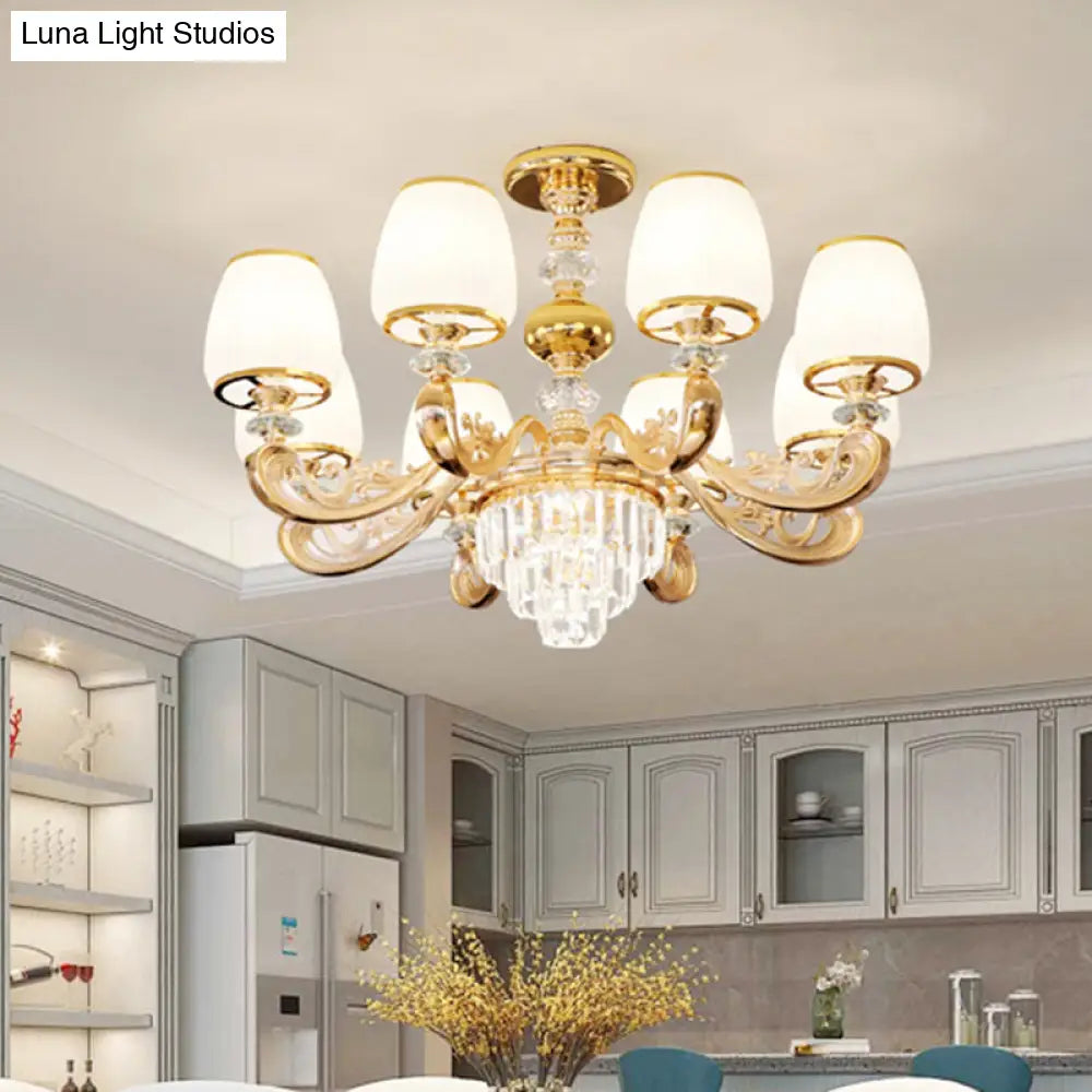 White Frosted Glass Chandelier With Crystal Accent - Classic Pendant Light For Bedroom