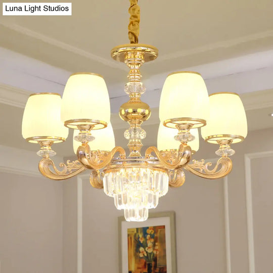 White Frosted Glass Chandelier With Crystal Accent - Classic Pendant Light For Bedroom