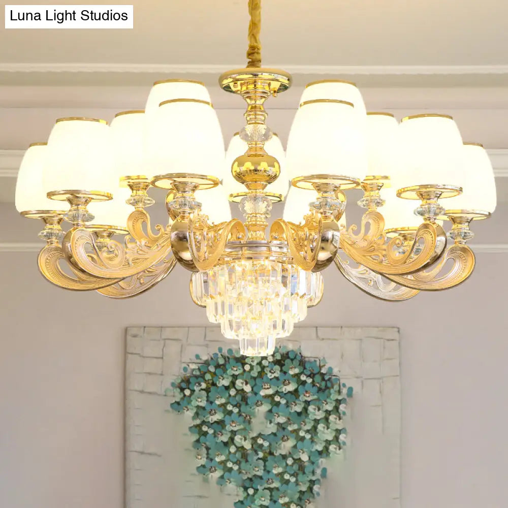 White Frosted Glass Chandelier With Crystal Accent - Classic Pendant Light For Bedroom