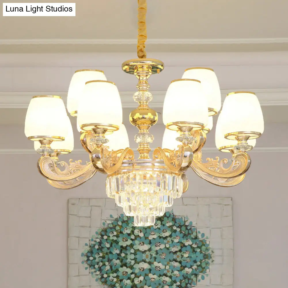 White Frosted Glass Chandelier With Crystal Accent - Classic Pendant Light For Bedroom