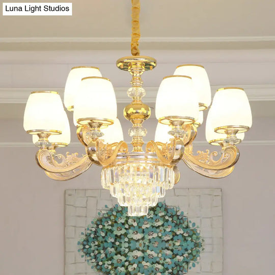 White Frosted Glass Chandelier With Crystal Accent - Classic Pendant Light For Bedroom