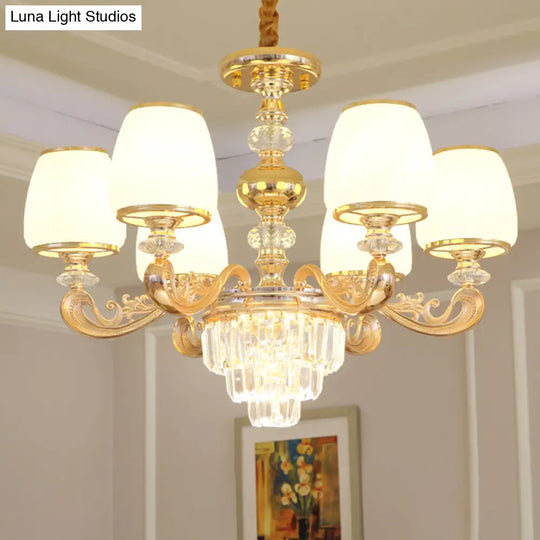 White Frosted Glass Chandelier With Crystal Accent - Classic Pendant Light For Bedroom