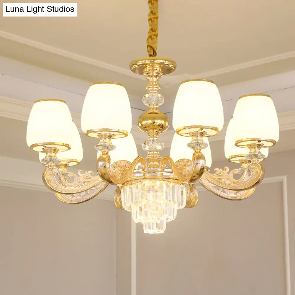 White Frosted Glass Chandelier With Crystal Accent - Classic Pendant Light For Bedroom