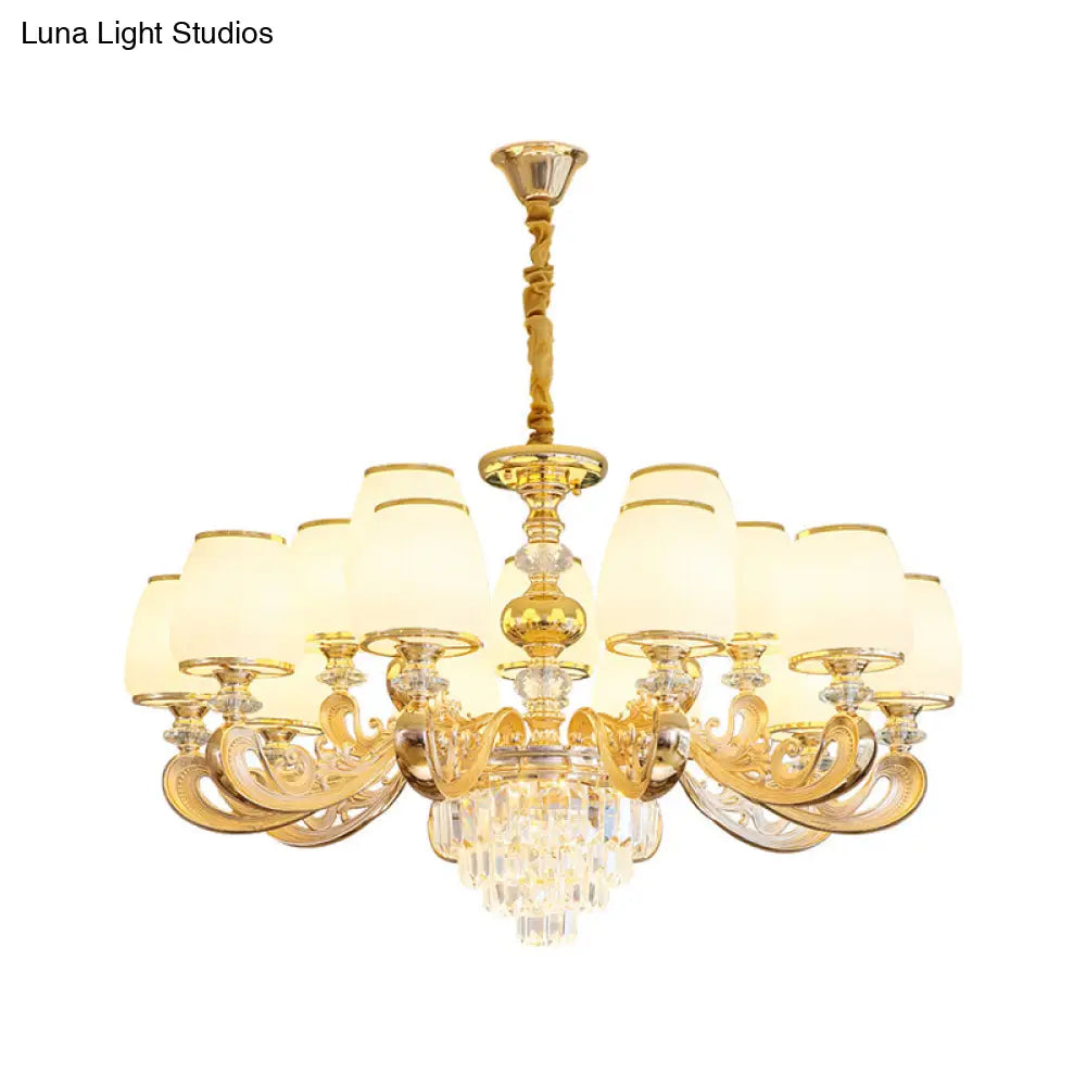 White Frosted Glass Chandelier With Crystal Accent - Classic Pendant Light For Bedroom