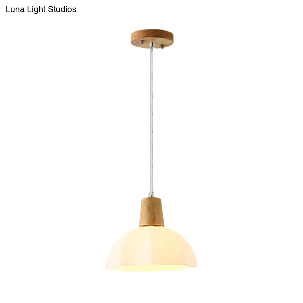 White Frosted Glass Umbrella Pendant Light With Wood Cap - Modernist Beige Hanging Ceiling Lamp