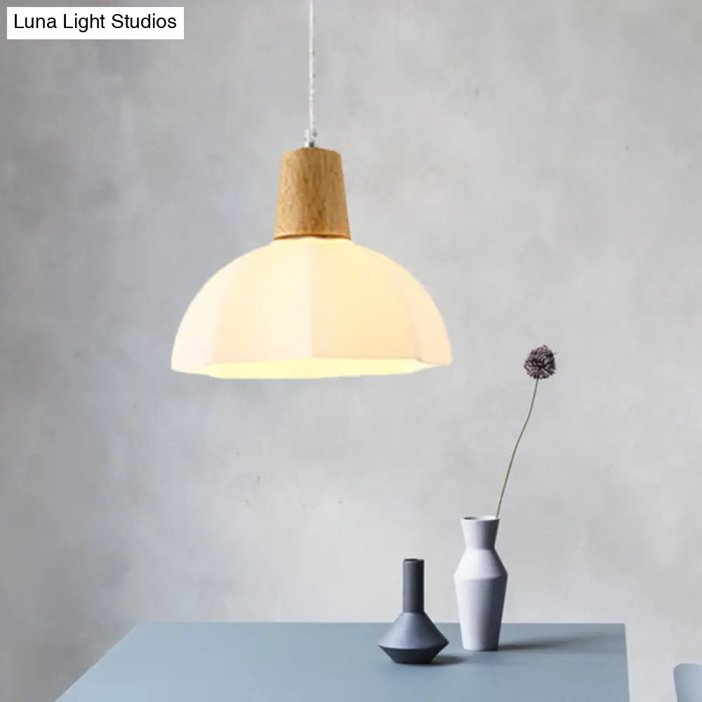 Modern White Frosted Glass Umbrella Pendant Light With Wood Cap