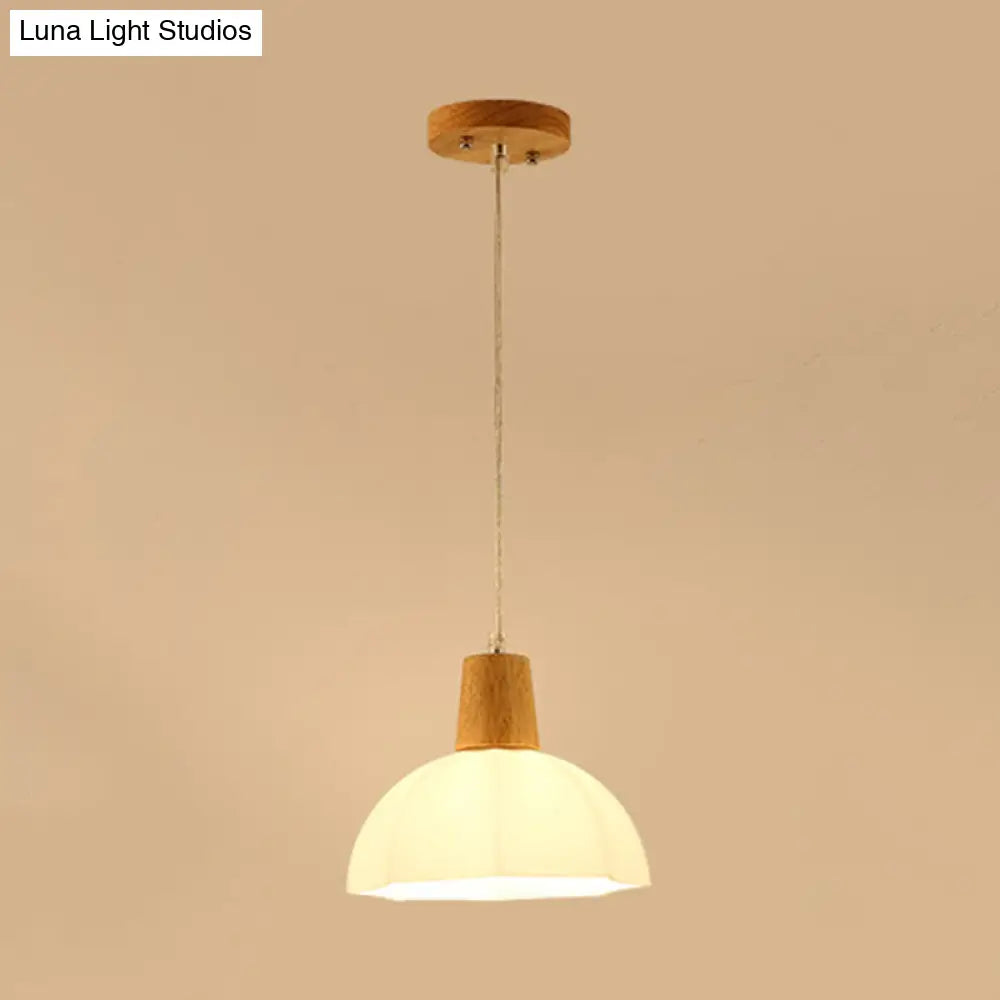 White Frosted Glass Umbrella Pendant Light With Wood Cap - Modernist Beige Hanging Ceiling Lamp