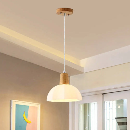 White Frosted Glass Umbrella Pendant Light With Wood Cap - Modernist Beige Hanging Ceiling Lamp