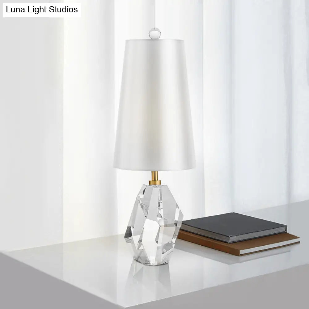 White Geometric Fabric Desk Lamp With Beveled Crystal Accent - Simplistic 1-Head Night Table Light