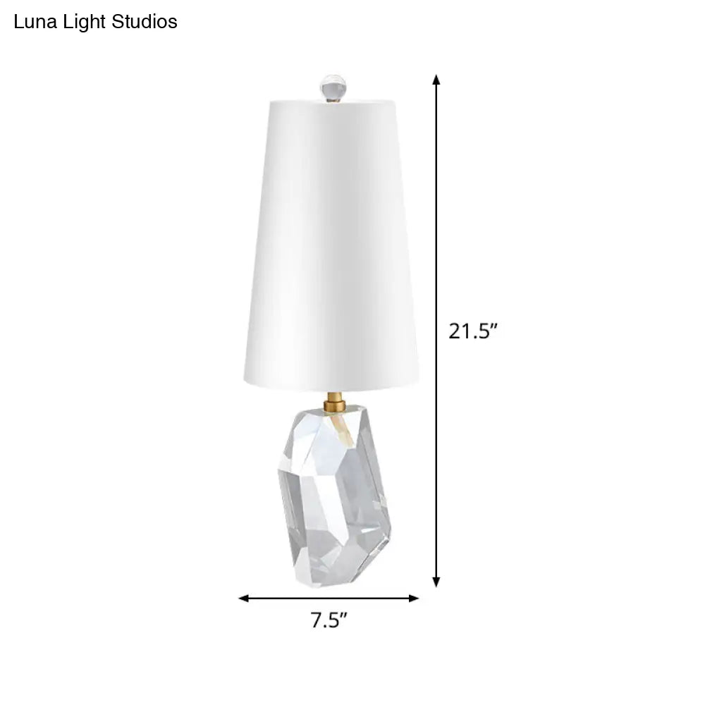 White Geometric Fabric Desk Lamp With Beveled Crystal Accent - Simplistic 1-Head Night Table Light